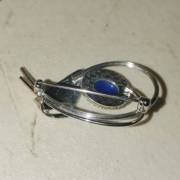 Vintage 14K GF Brooch Blue Star Sapphire Stone Intricate Silver Tone Mid Century - Picture 5 of 6